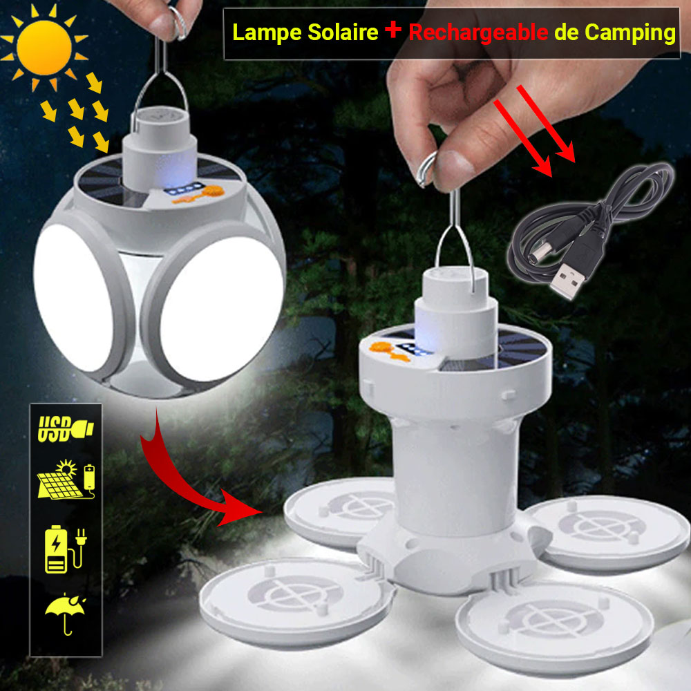 Lampe Solaire LED + Rechargeable Par USB de Camping 5 en 1 